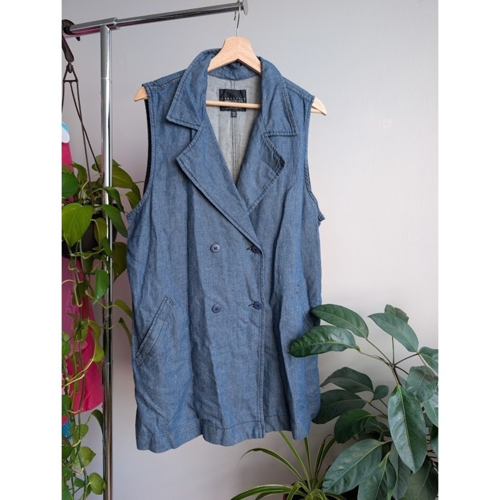 Sanctuary Sleeveless double breasted denim jacket XL Vest Blue Mid Length chic